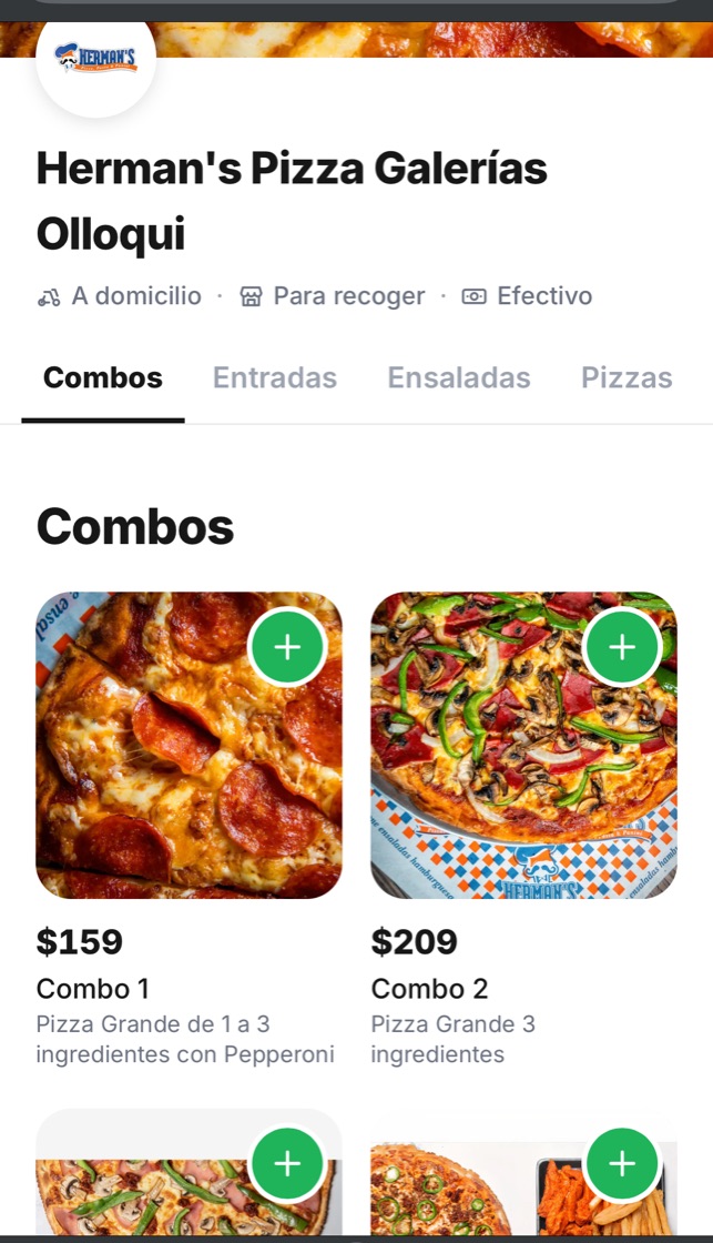 El menú con fotos, precios y el botón de agregar