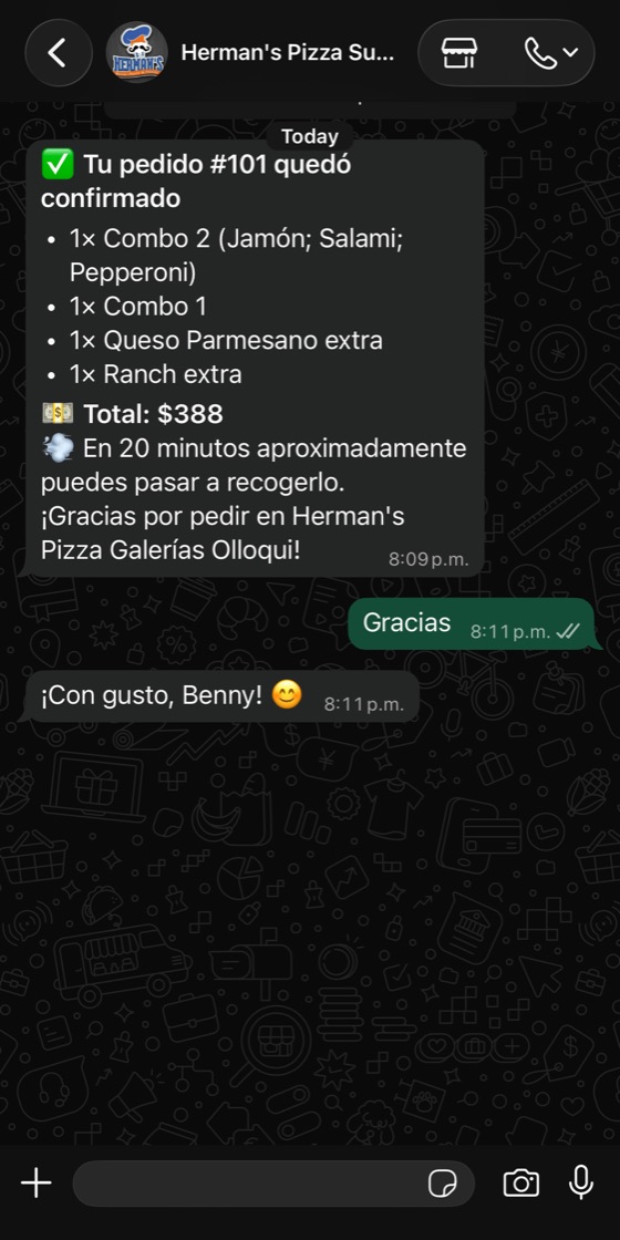 La confirmación del pedido llega por el WhatsApp del negocio