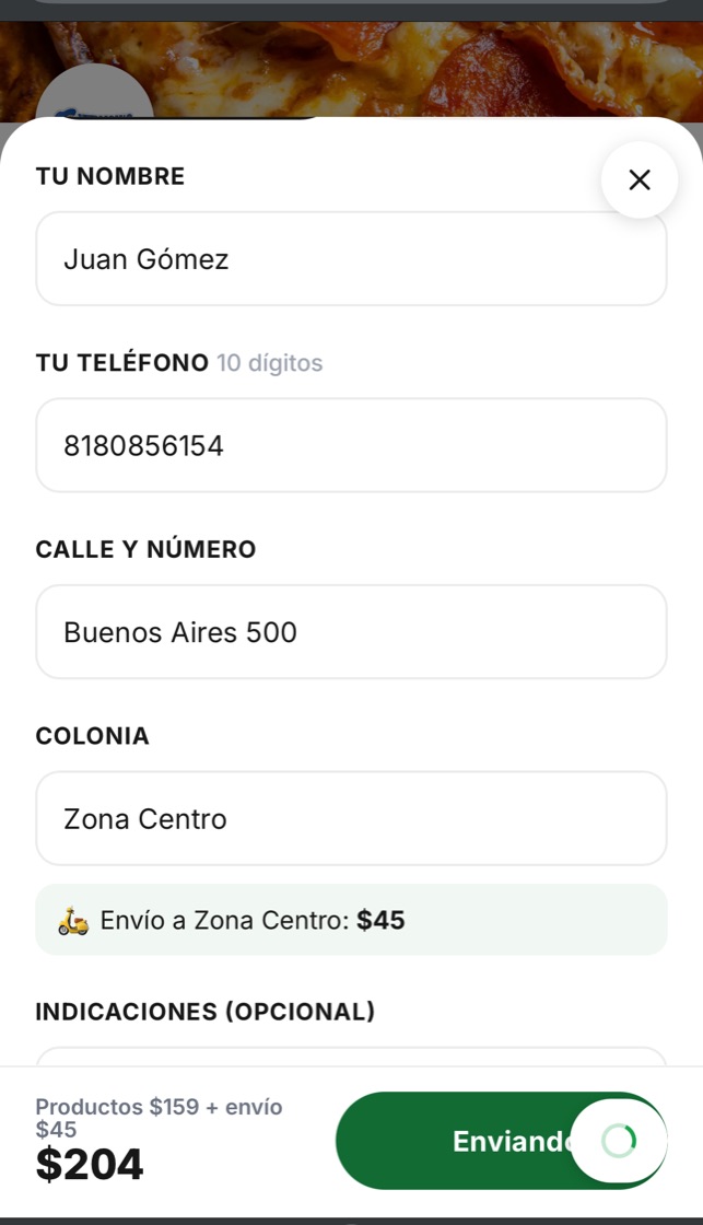 El formulario de entrega con el envío calculado por colonia